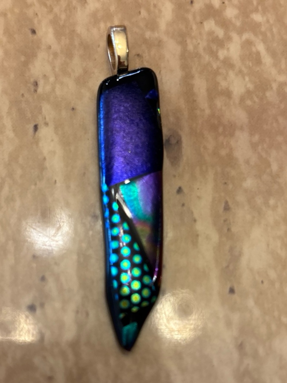 Handmade Fused Dichroic Glass Pendant Iridescent Purple Blue Green Polka Dot